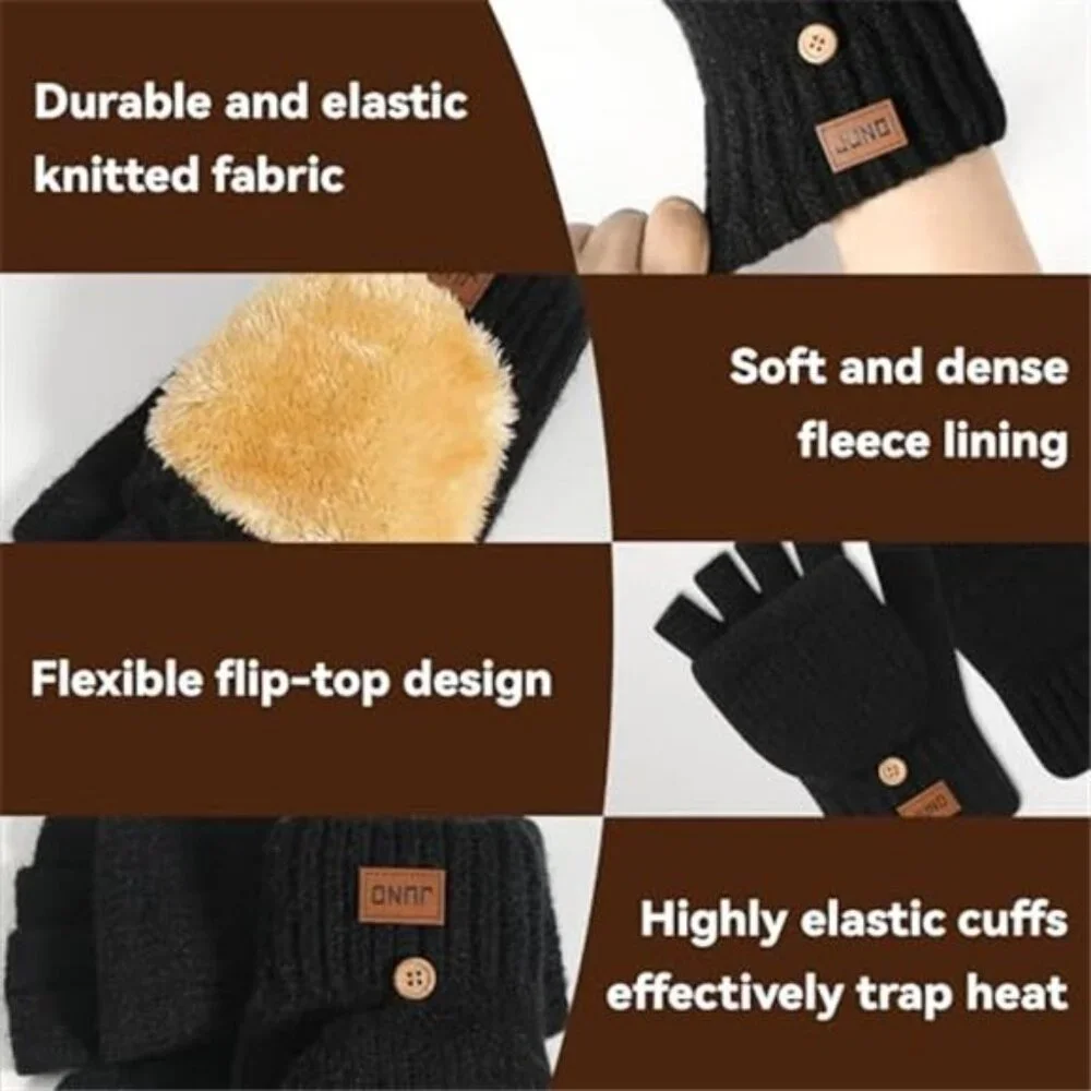 Unisex Winter Mittens Fingerless Gloves Upgraded Thermal Lined Knitted Gloves